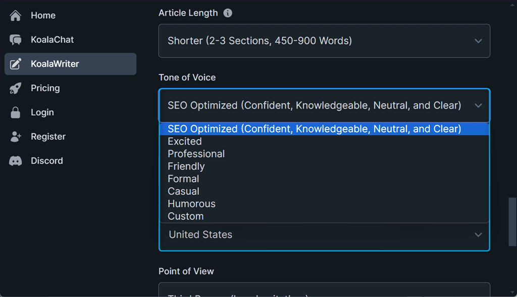 setting tone of voice in koalawriter ai