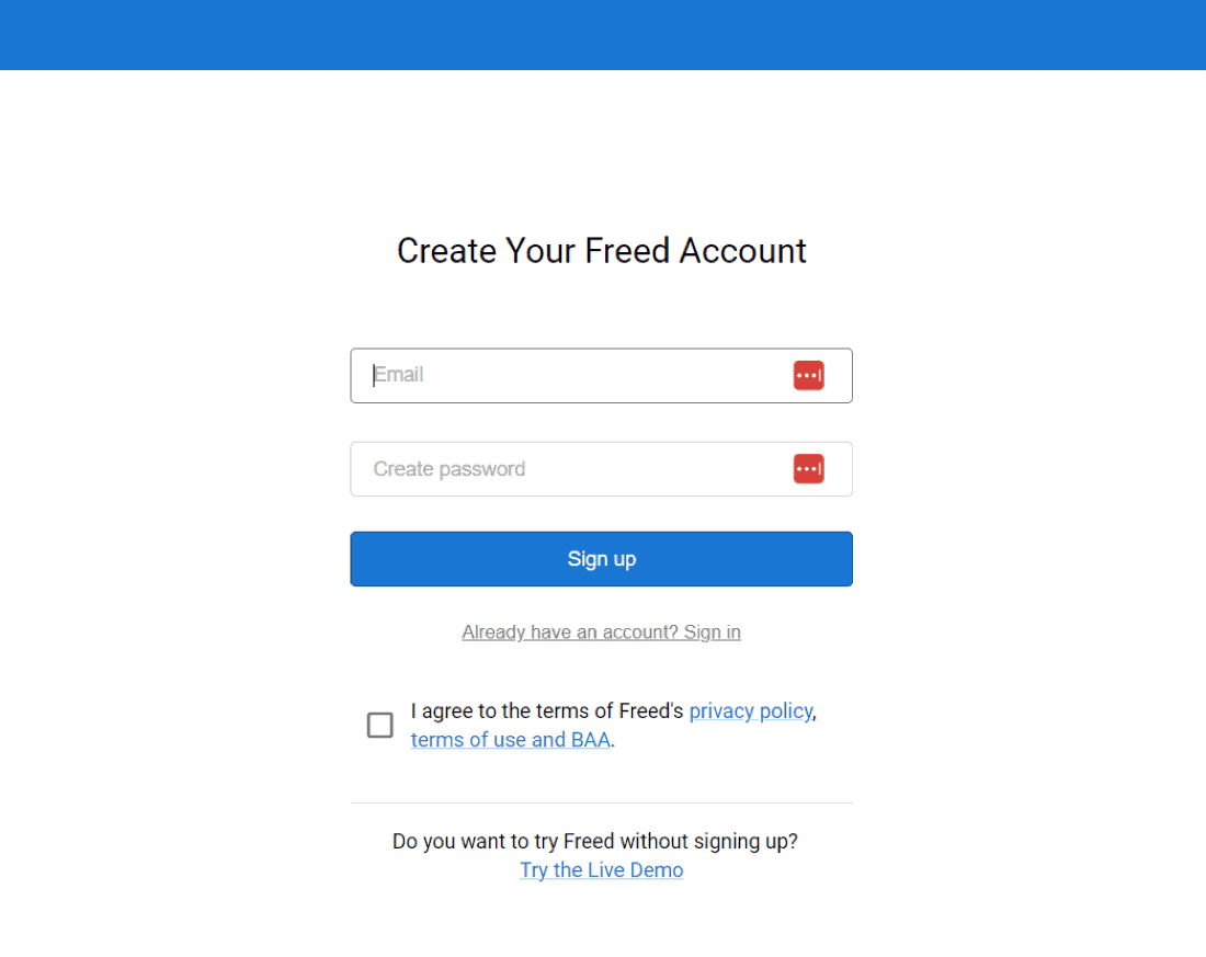 Freed AI's signup screen