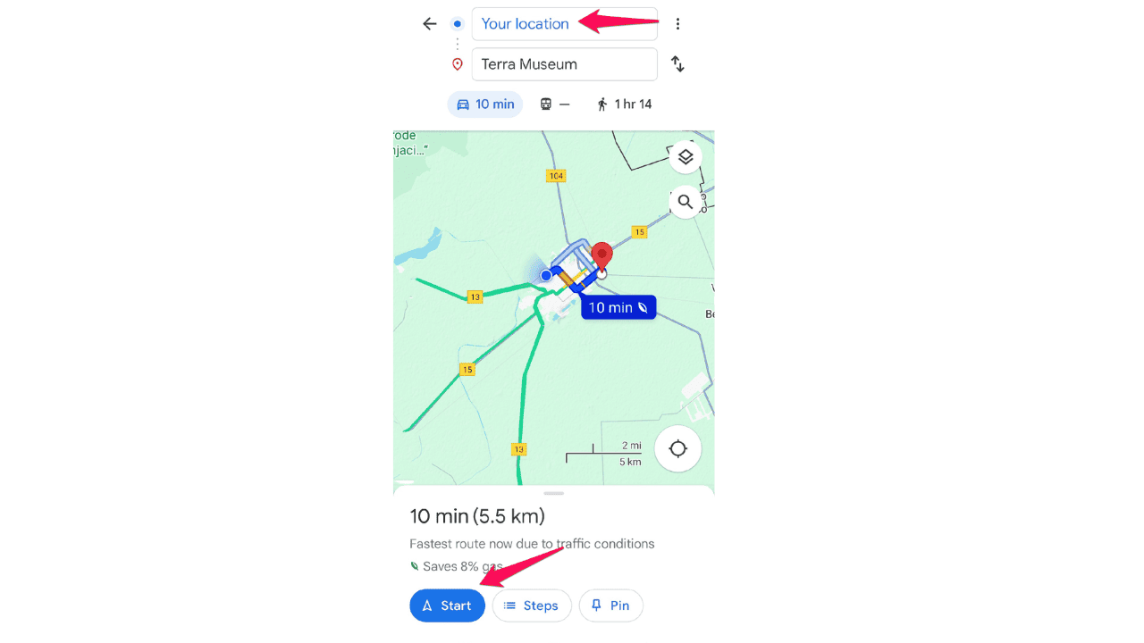 Starting a route in Google Maps