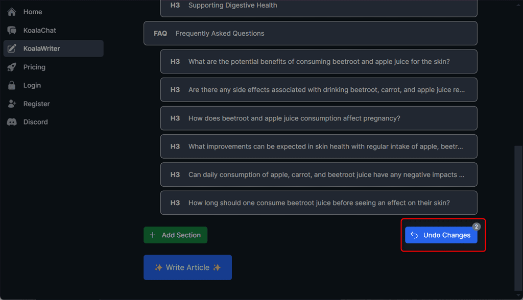 undoing changes in outline in koalawriter ai