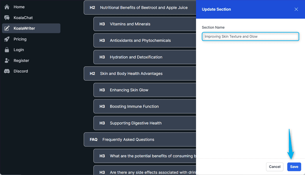 updating an outline section in koalawriter ai