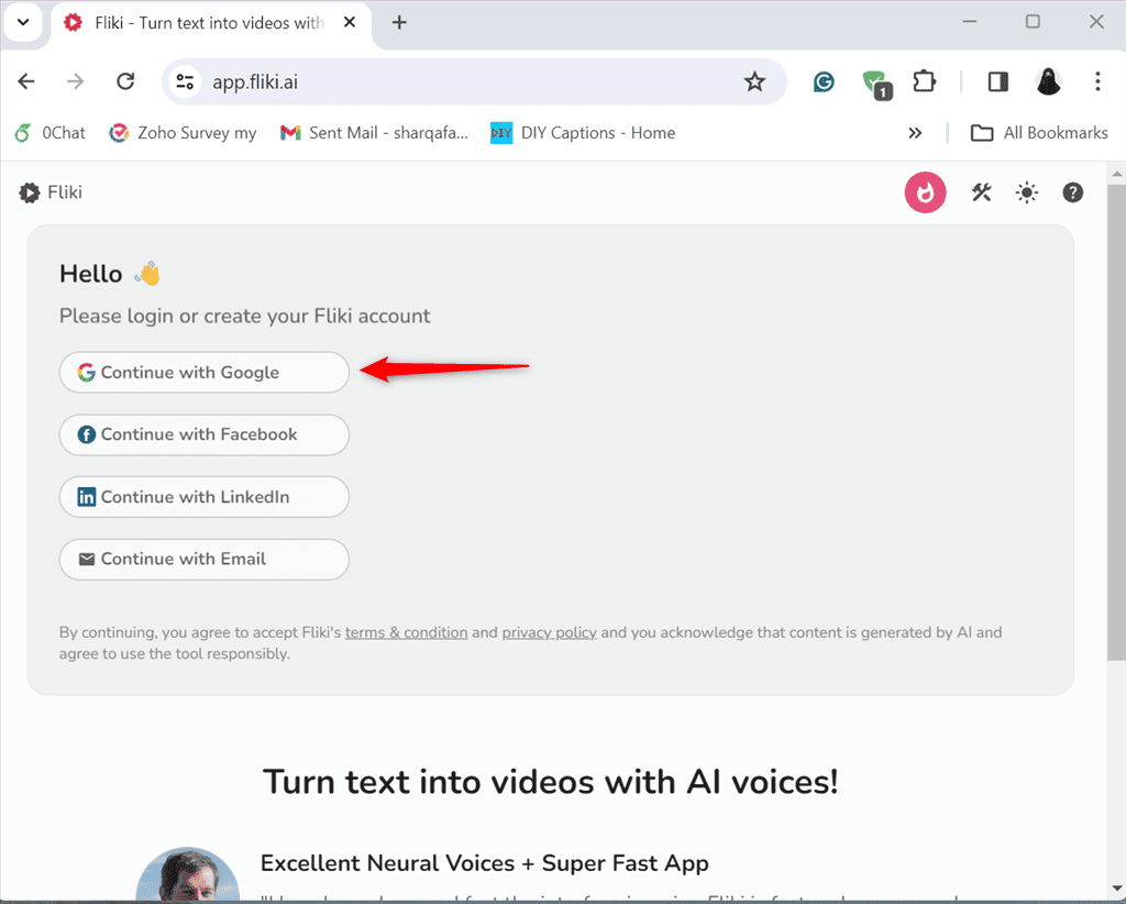 using google account to sign up on fliki