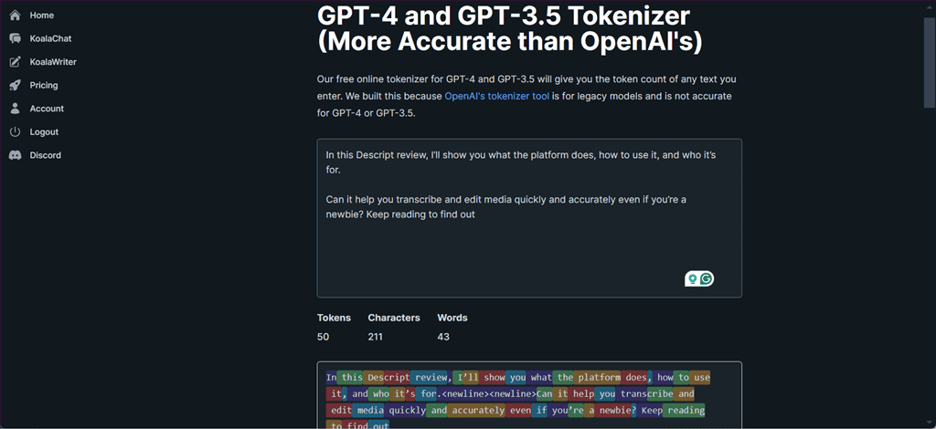 using gpt tokenizer tool of koala ai