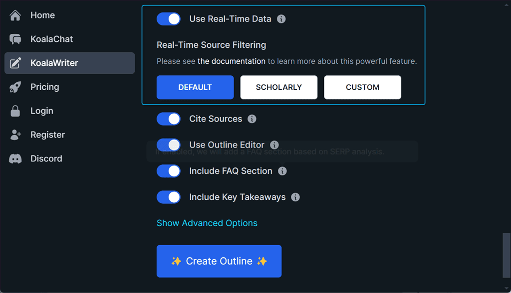 using real time data settings in koalawriter ai