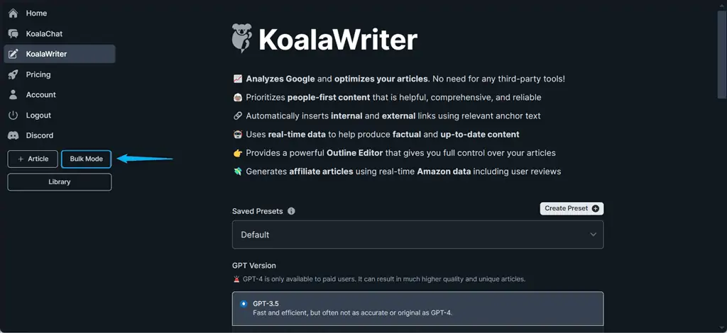 viewing bulk mode of koalawriter ai