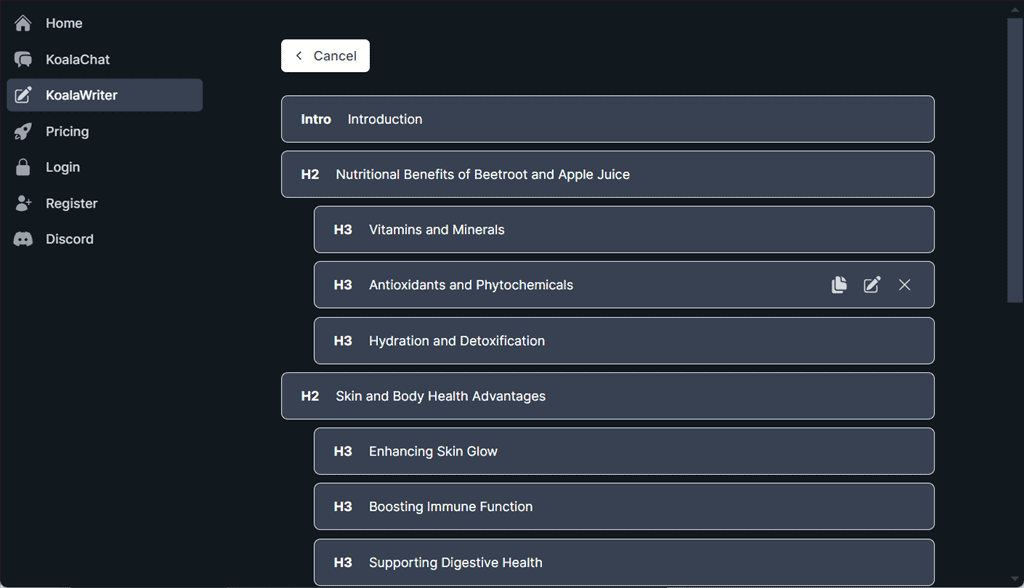 viewing created outline in koalawriter ai