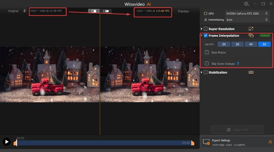 Winxvideo AI frame interpolation