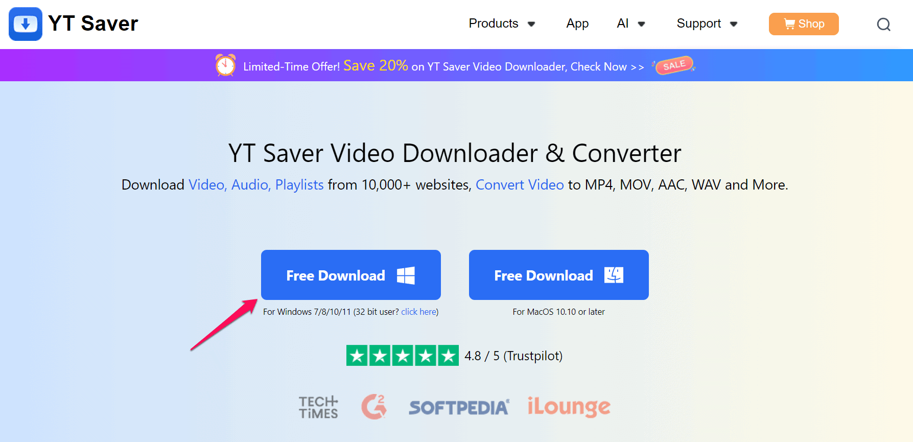 Downloading YT Saver from the homepage