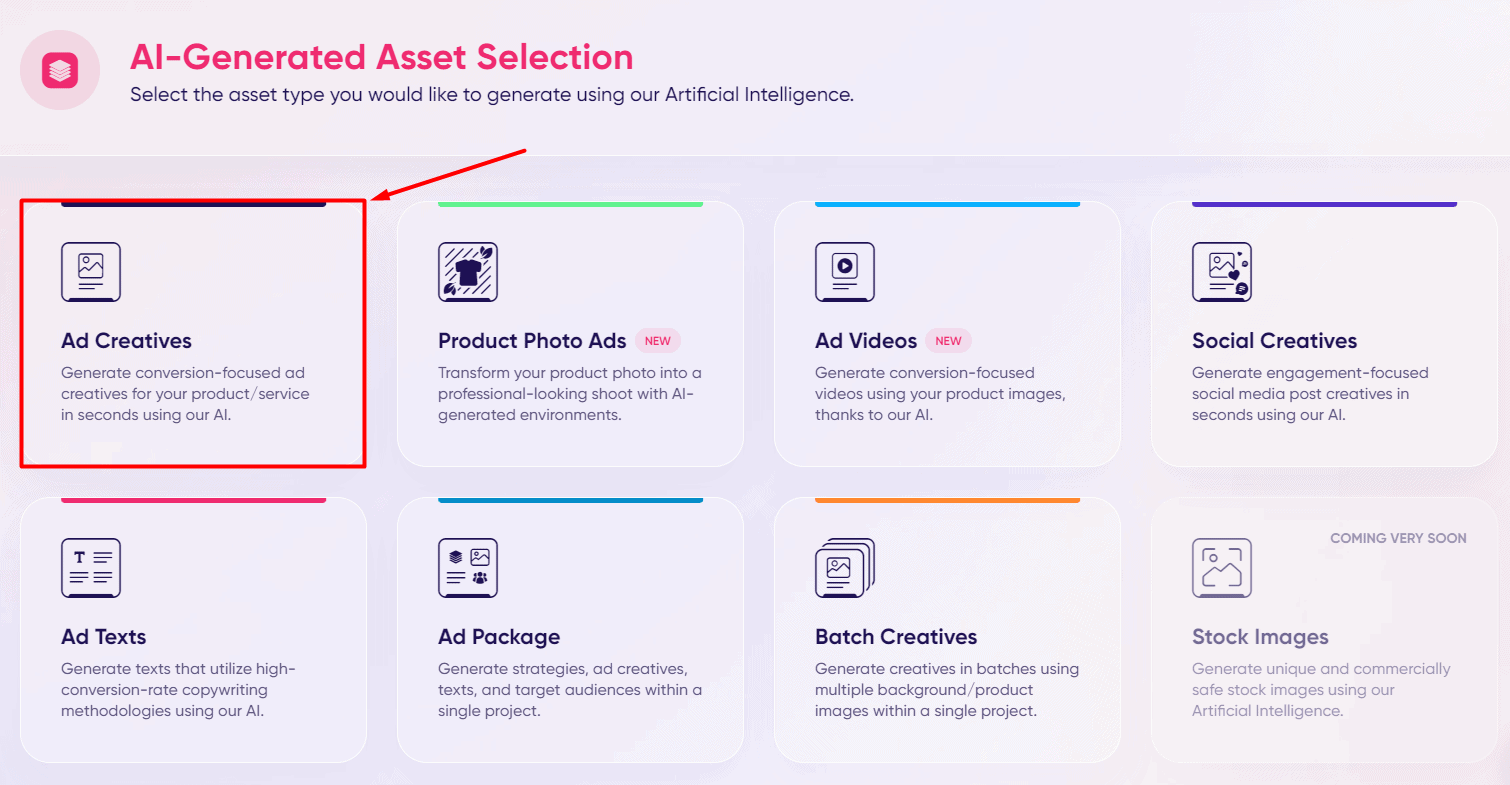 AdCreative AI tutorial asset category