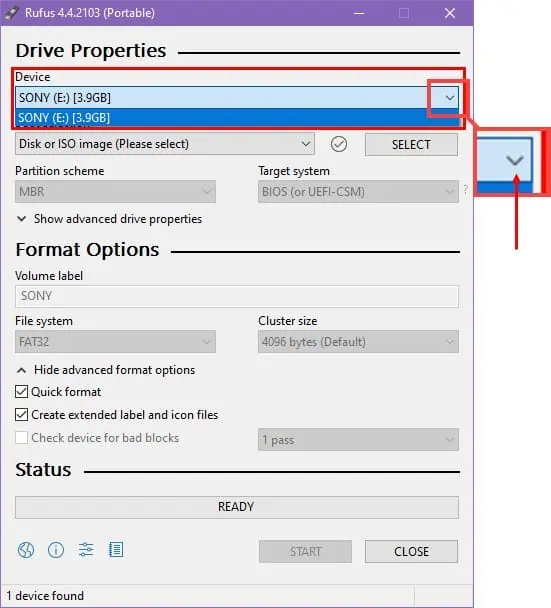 Device drop-down arrow