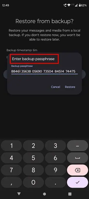 Enter backup passphrase