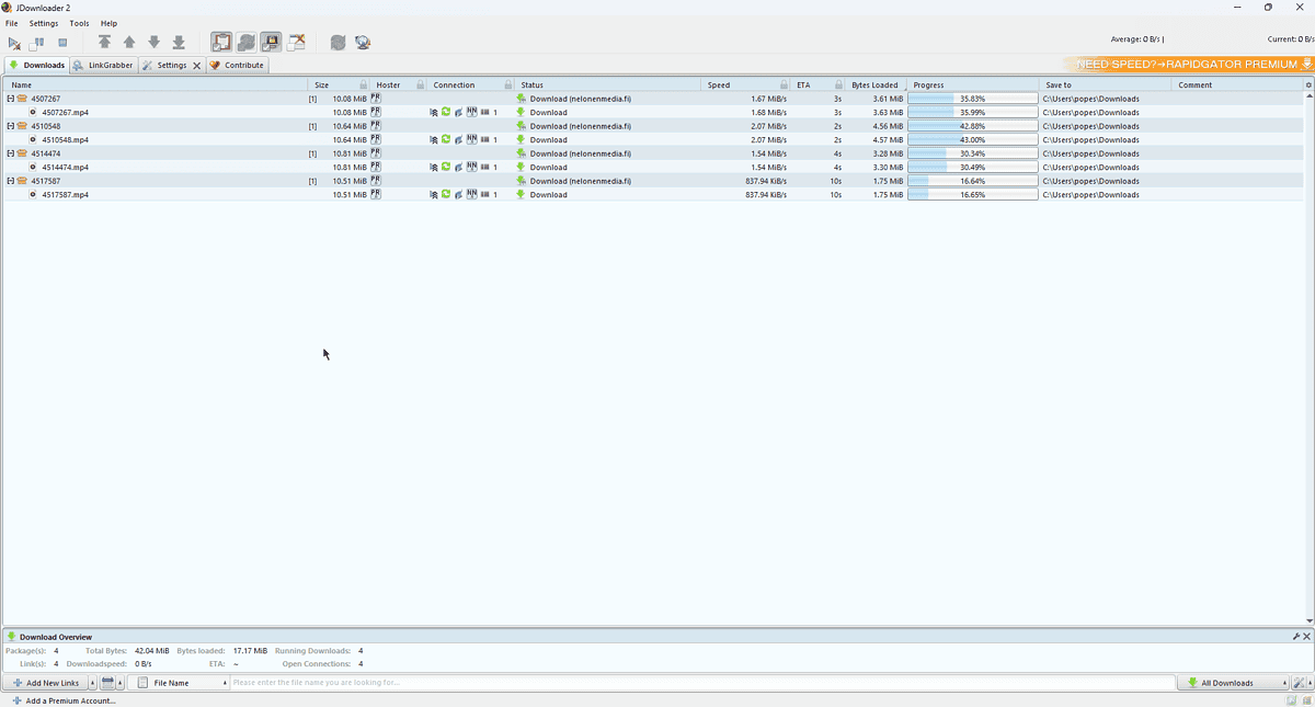 JDownloader 2 downloading