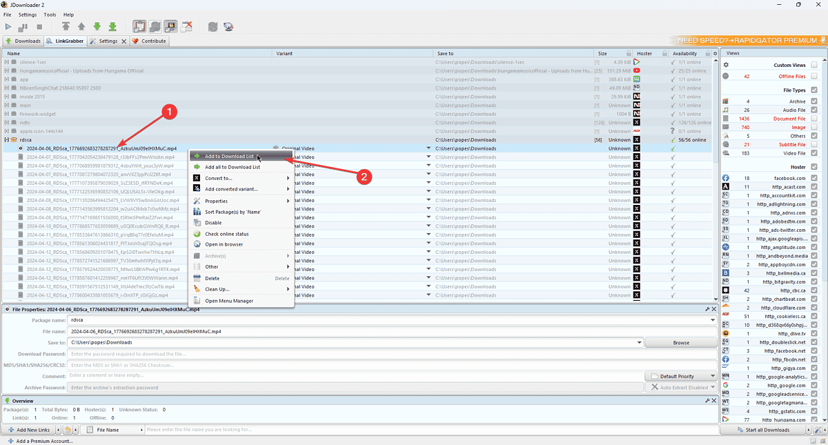 JDownloader 2 adding video to download list