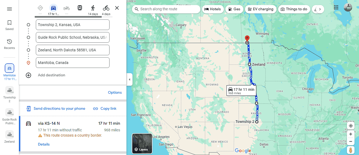 google maps calculated miles per state