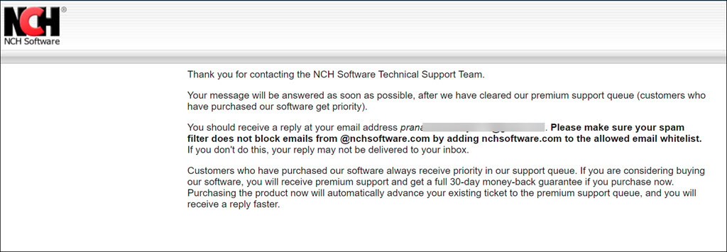 NCH Software Technical Support message