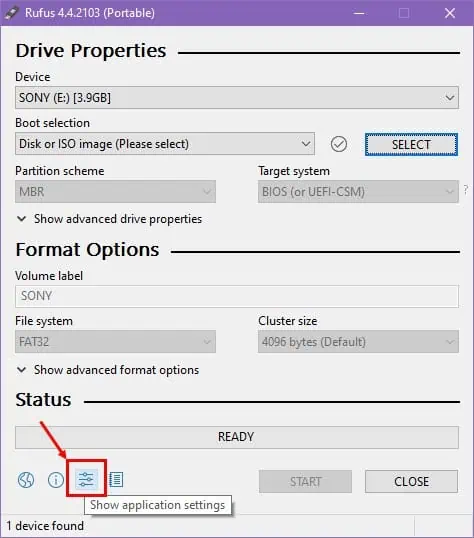 Show application settings