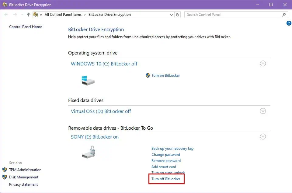Turn off BitLocker