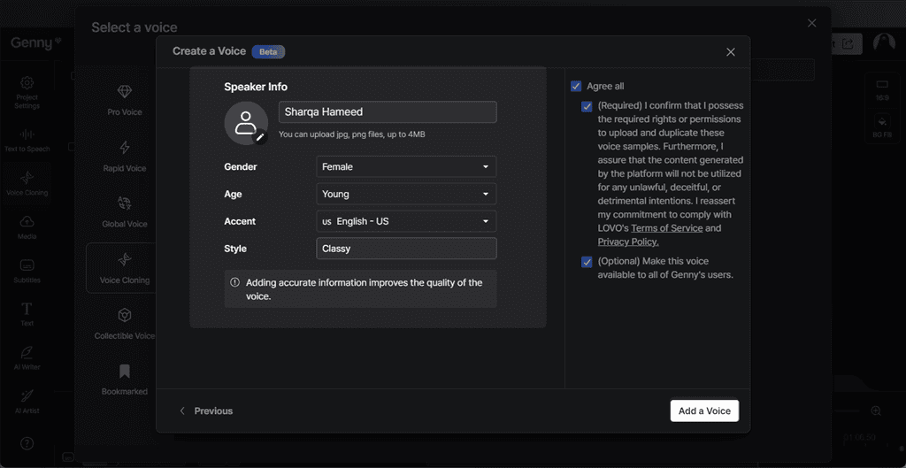 adding speaker info in lovo ai