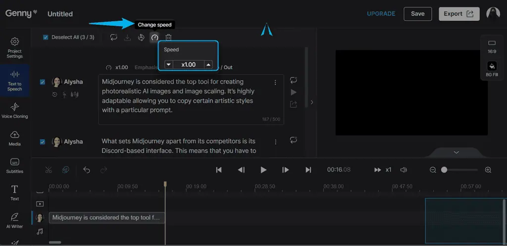 changing audio speed in genny ai