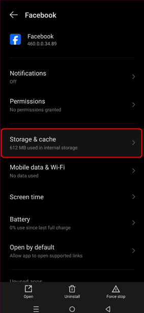 checking storage and cache option of facebook
