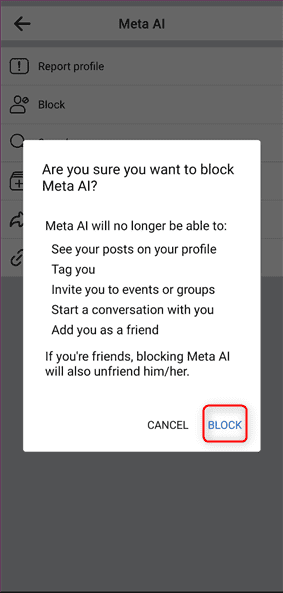 confirmando la operación de bloqueo para meta ai