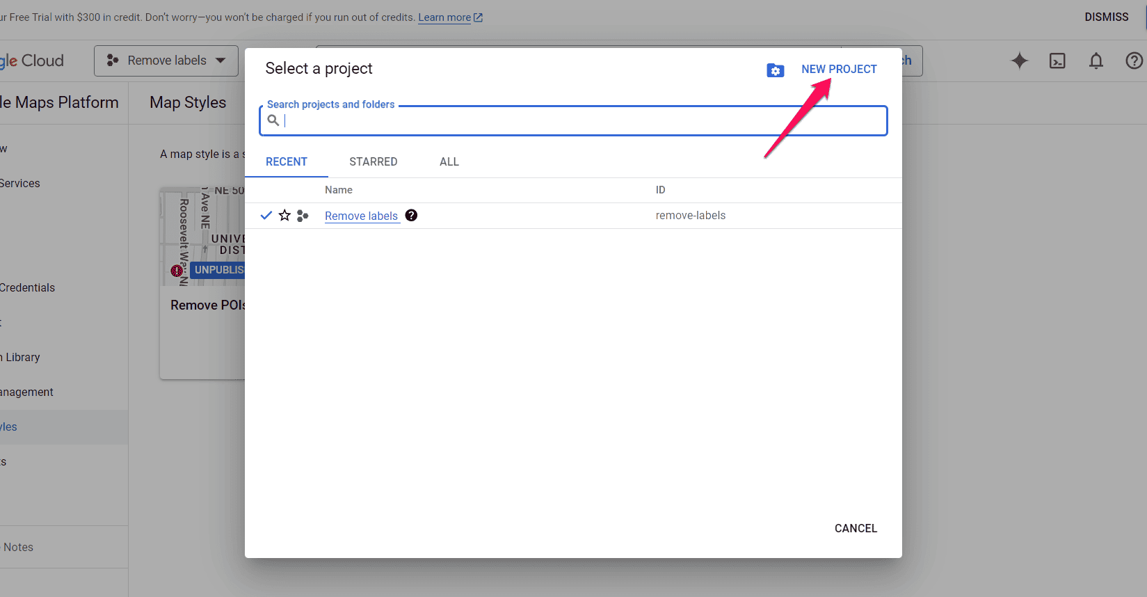 Creating a new project in Google Cloud Console