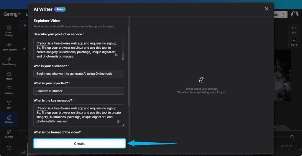 filling in required fields in lovo ai