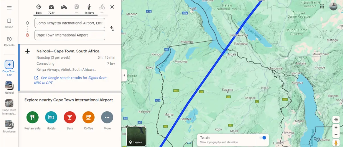 תצוגת שטח של נתיב הטיסה של גוגל מפות