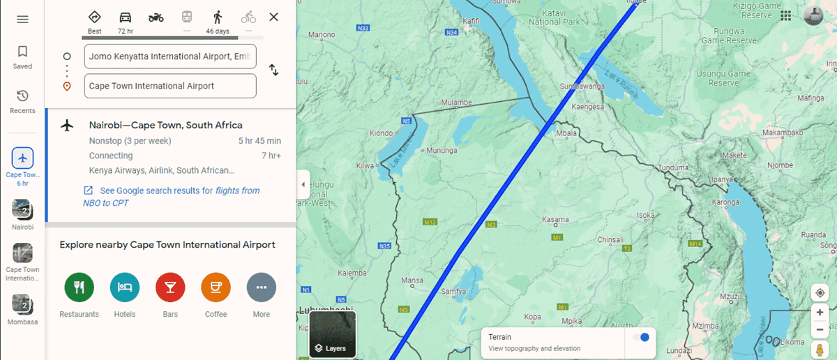 vue sur le terrain de la trajectoire de vol de Google Maps