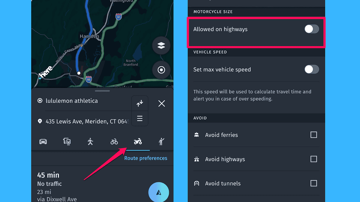 Here WeGo motorcycle route preferences