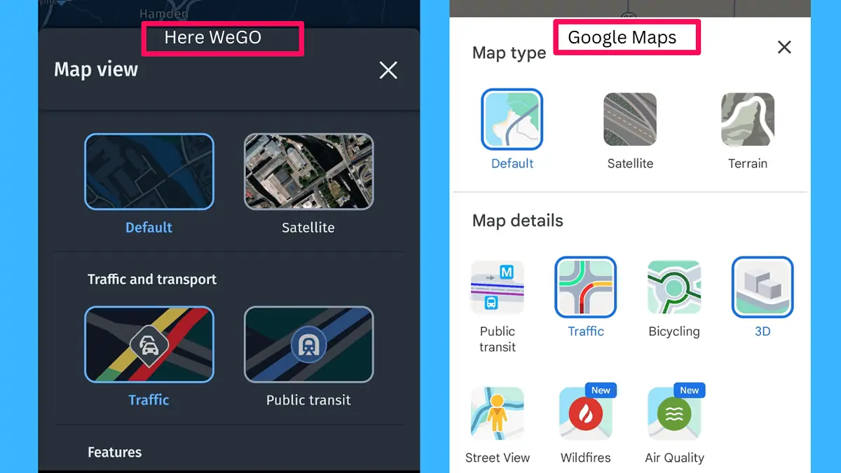 Here WeGo vs Google Maps map views and types