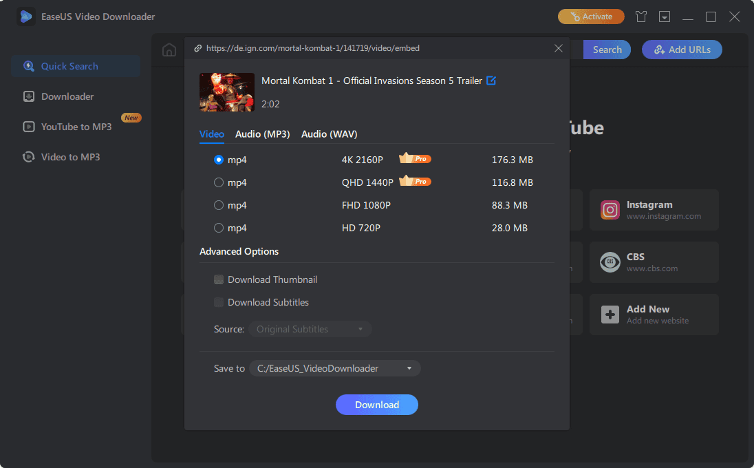 EaseUS Video Downloader download options