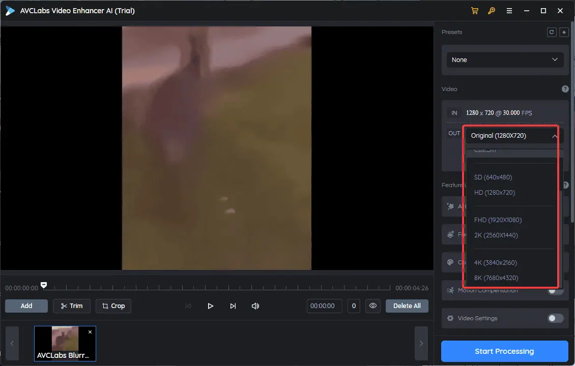 AI Video Enhancer resolution settings
