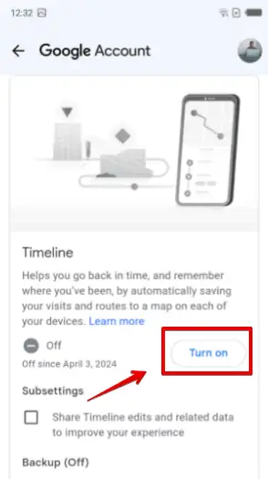 Turn on Google maps timeline