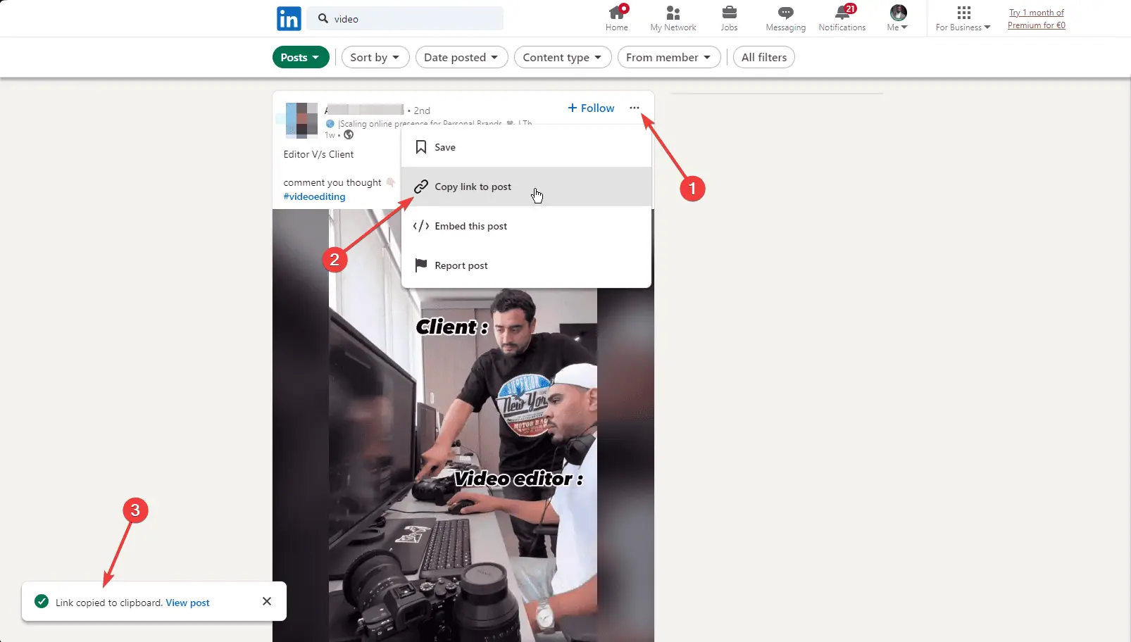 Copying video link from LinkedIn