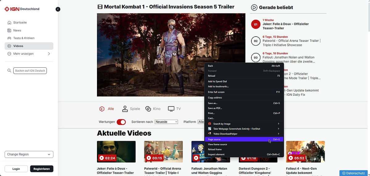 IGN video page with Page Source