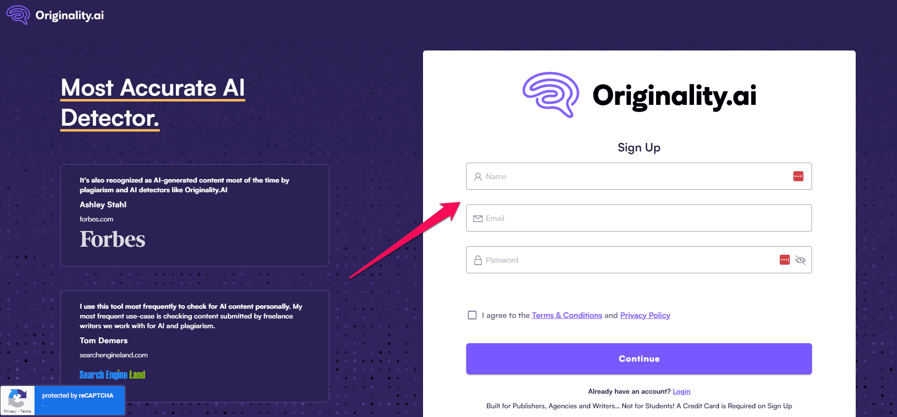 Originality AI signup page