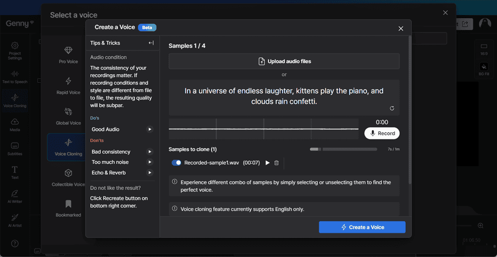 recording own voice sample in lovo ai