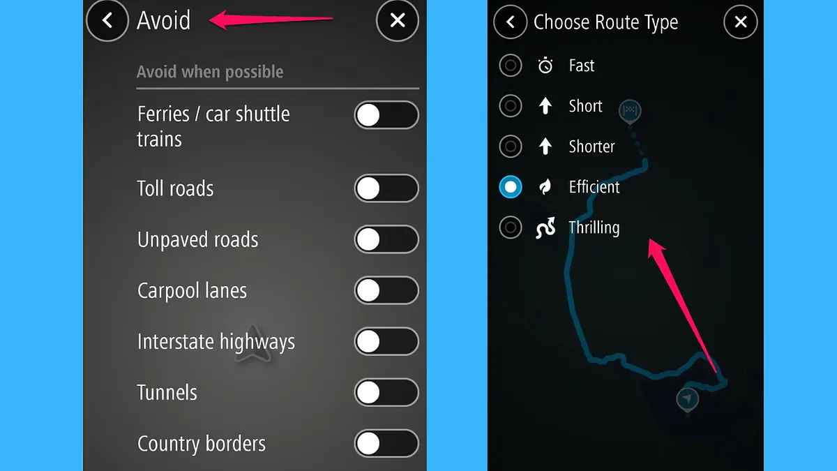 Route types and settings in TomTom