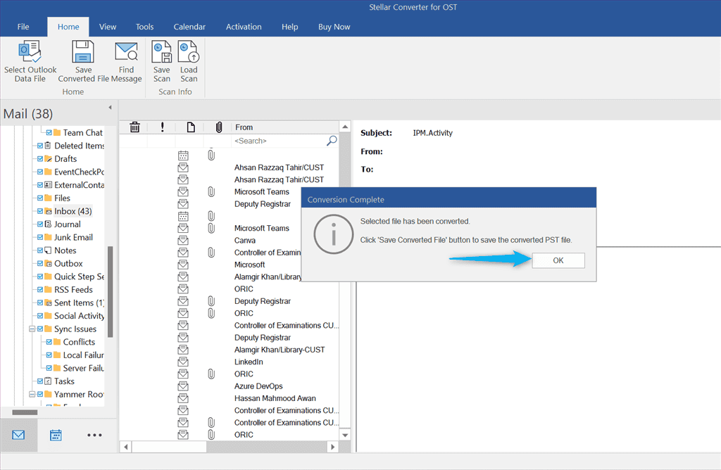 saving the converted pst file on system