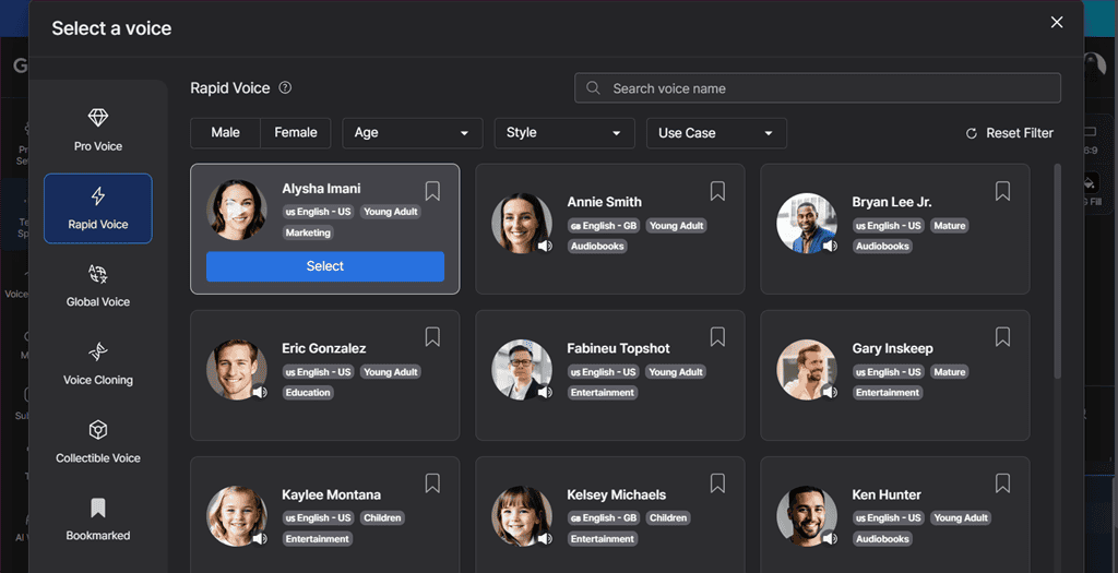 selecting a new voice for video in lovo ai