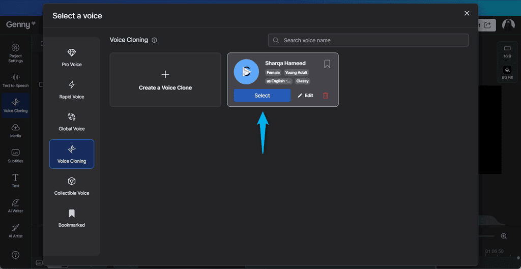 selecting cloned voice to use in lovo ai