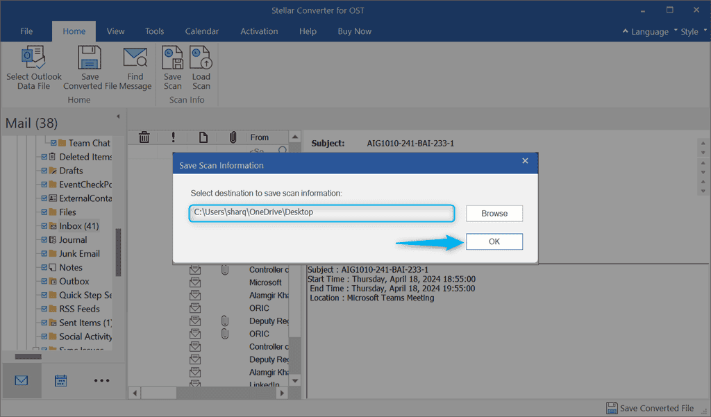 selecting destination to save scan information