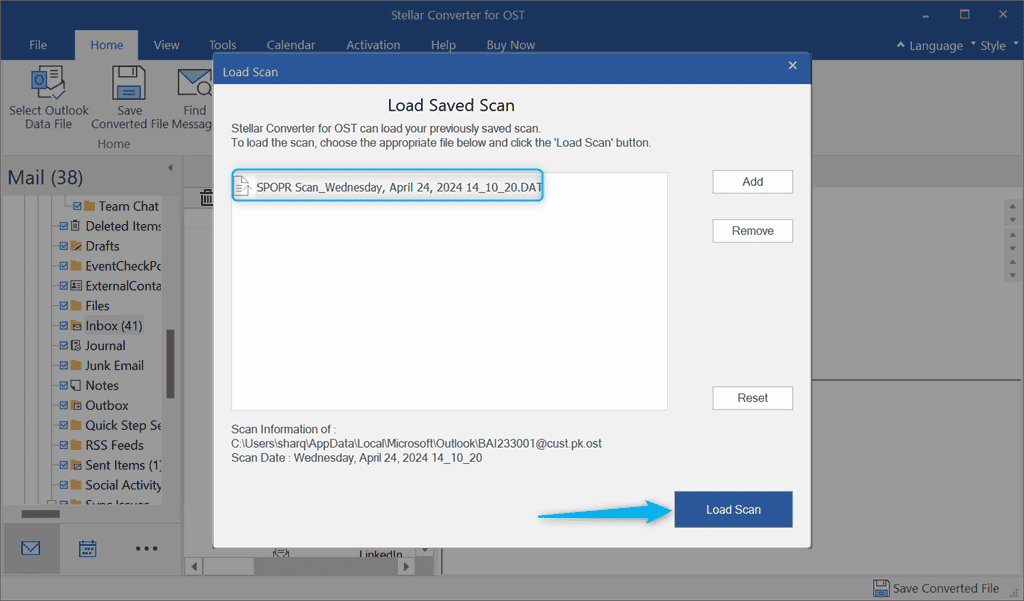 selecting scan file to load in stellar converter