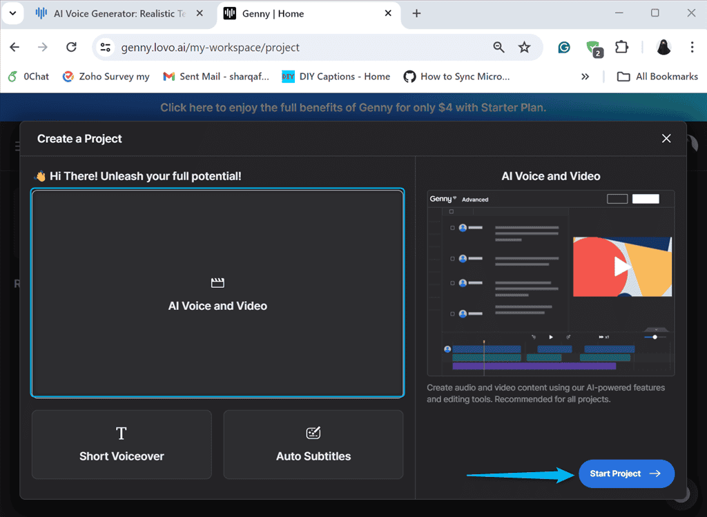 selecting voice and video as the type of new project in lovo ai