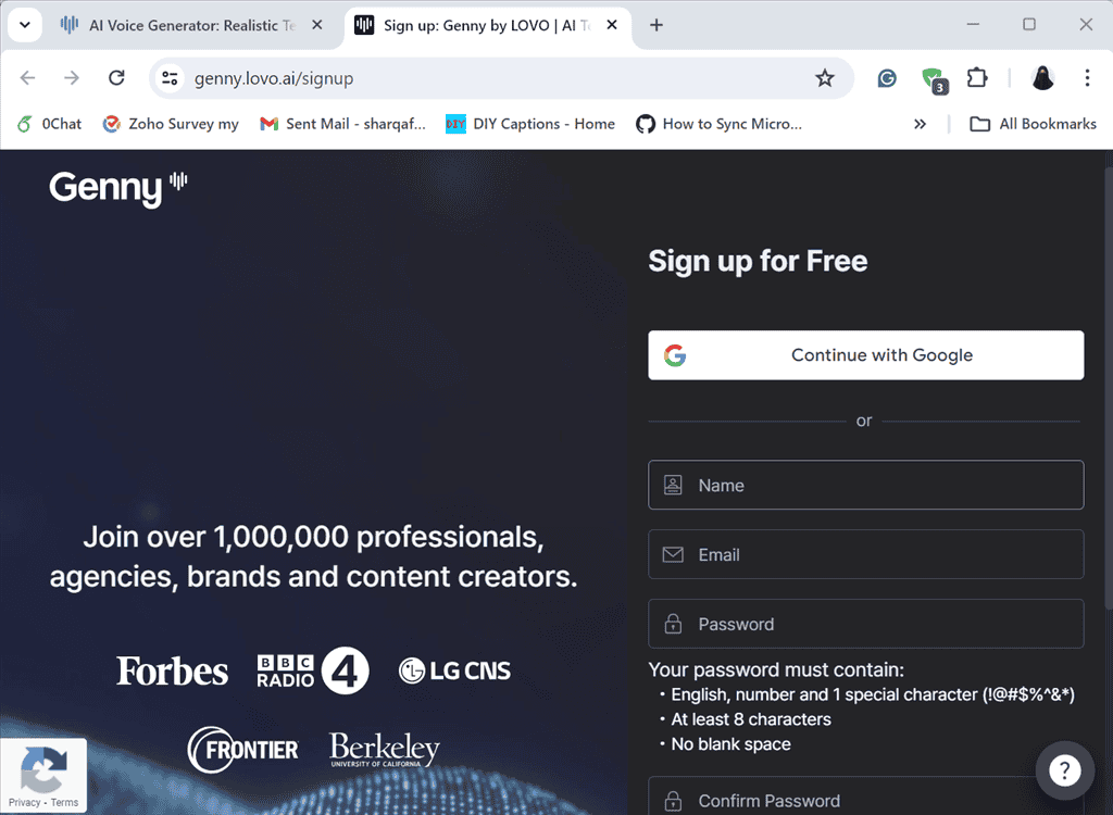 signing up for free on lovo ai