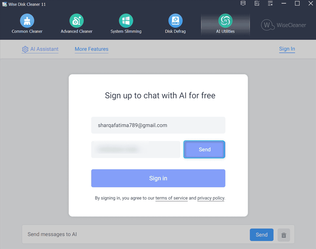 signing up to chat with ai for free in wise disk cleaner