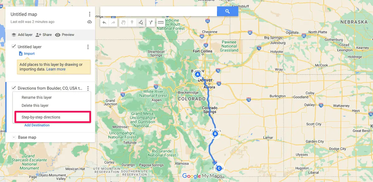 Enabling step-by-step directions in Google My Maps