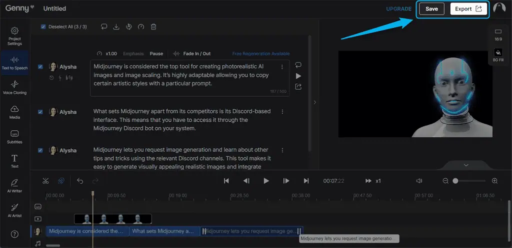 viewing options to save or export the video in genny lovo ai