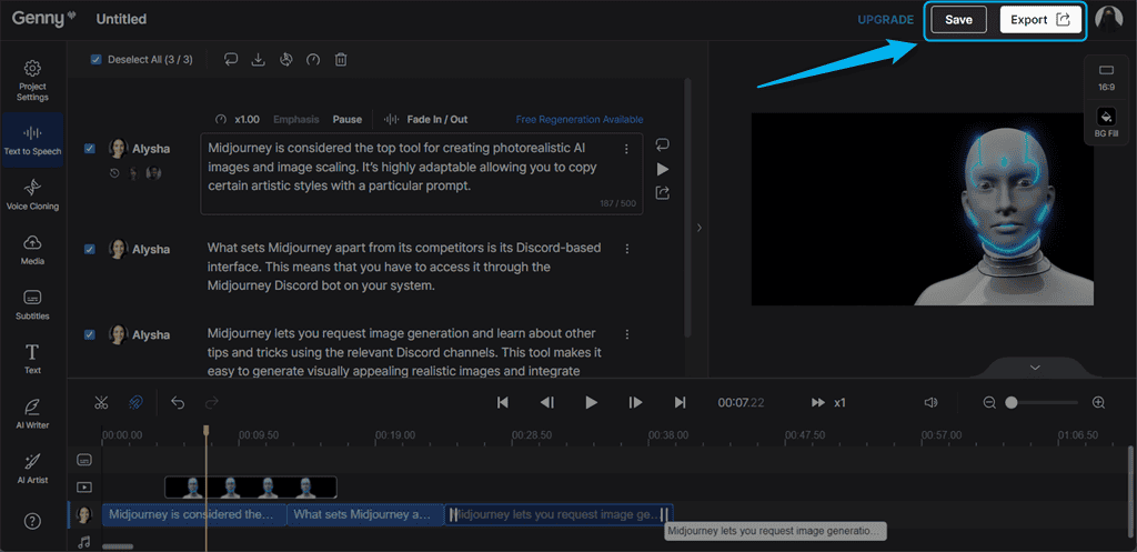 viewing options to save or export the video in genny lovo ai